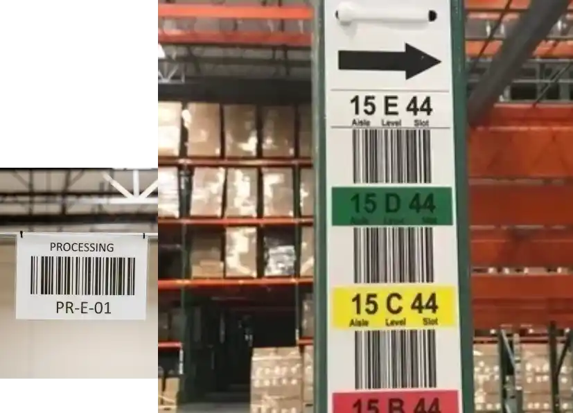 A warehouse with several rows of shelves and a sign.