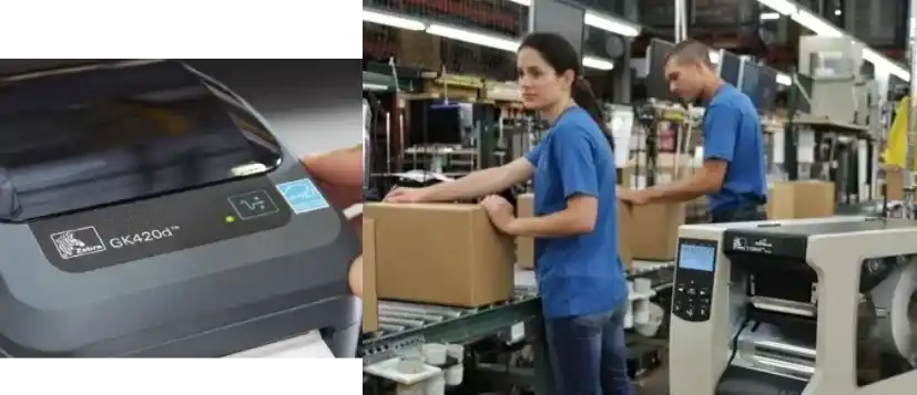 A woman in blue shirt holding box on conveyer belt.